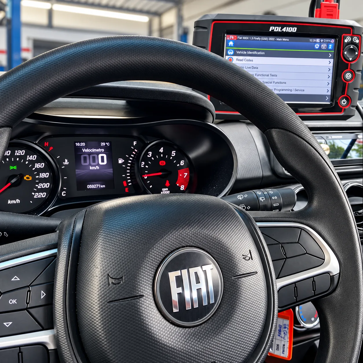 Painel de um Fiat com um equipamento de diagnóstico eletrônico PDL4100 sobre o console, em uma oficina