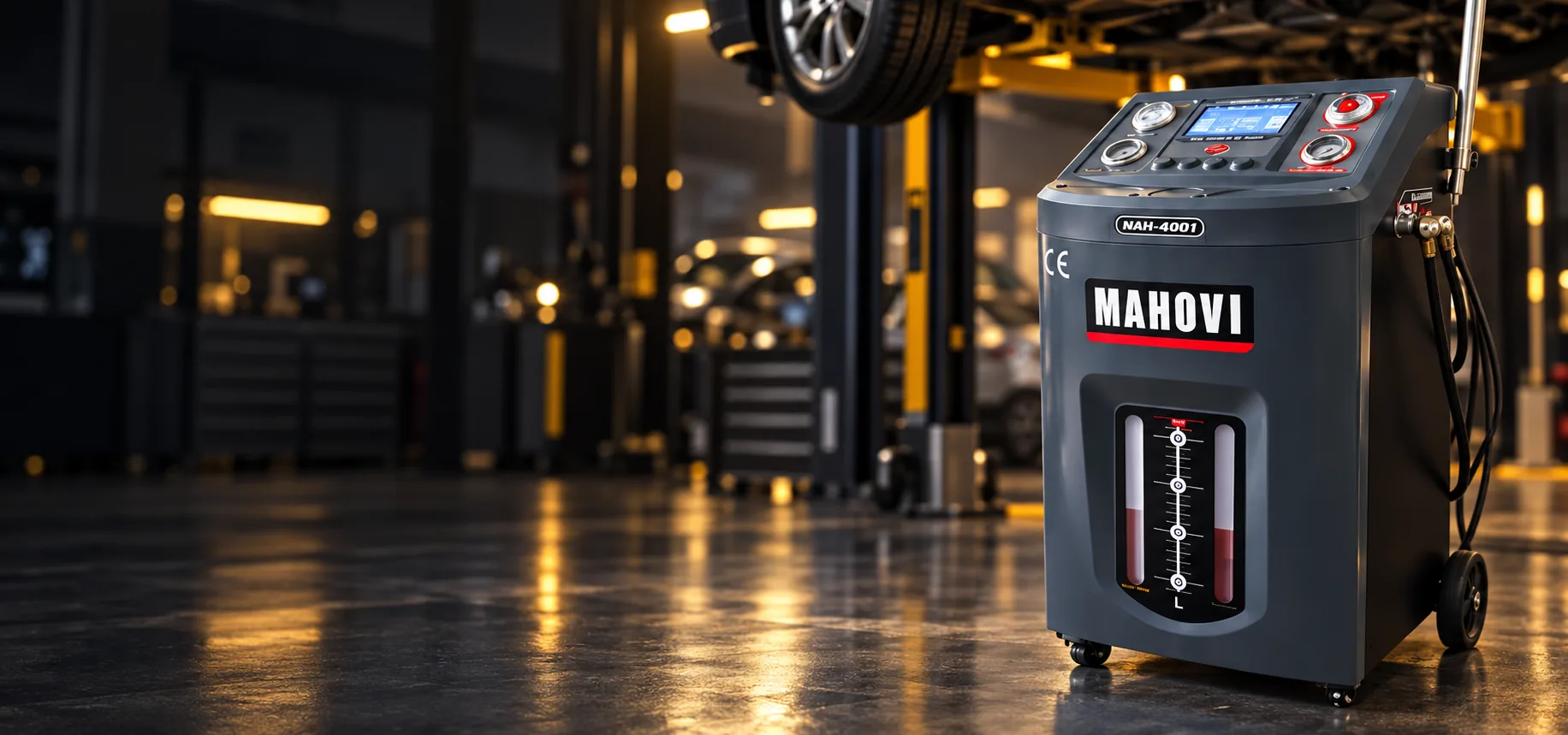 Máquina de troca de fluido de câmbio automático Mahovi em destaque, em uma oficina com veículo elevado ao fundo