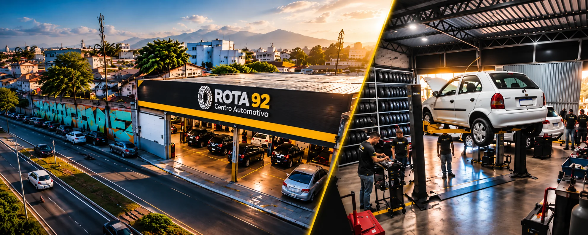 Ilustração da fachada e do interior do Rota 92 Centro Automotivo em Macaé