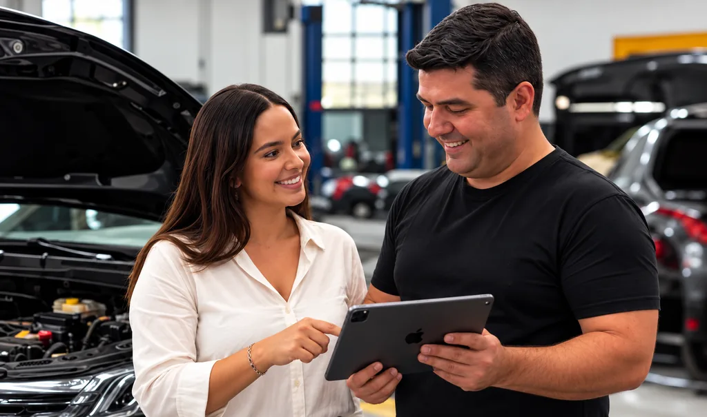 Cliente e atendente do Rota 92 conversando e olhando juntos um tablet, ao lado de um carro com o capô aberto