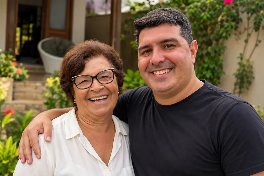 Luiz abraçado à mãe, sorrindo, em frente a um jardim