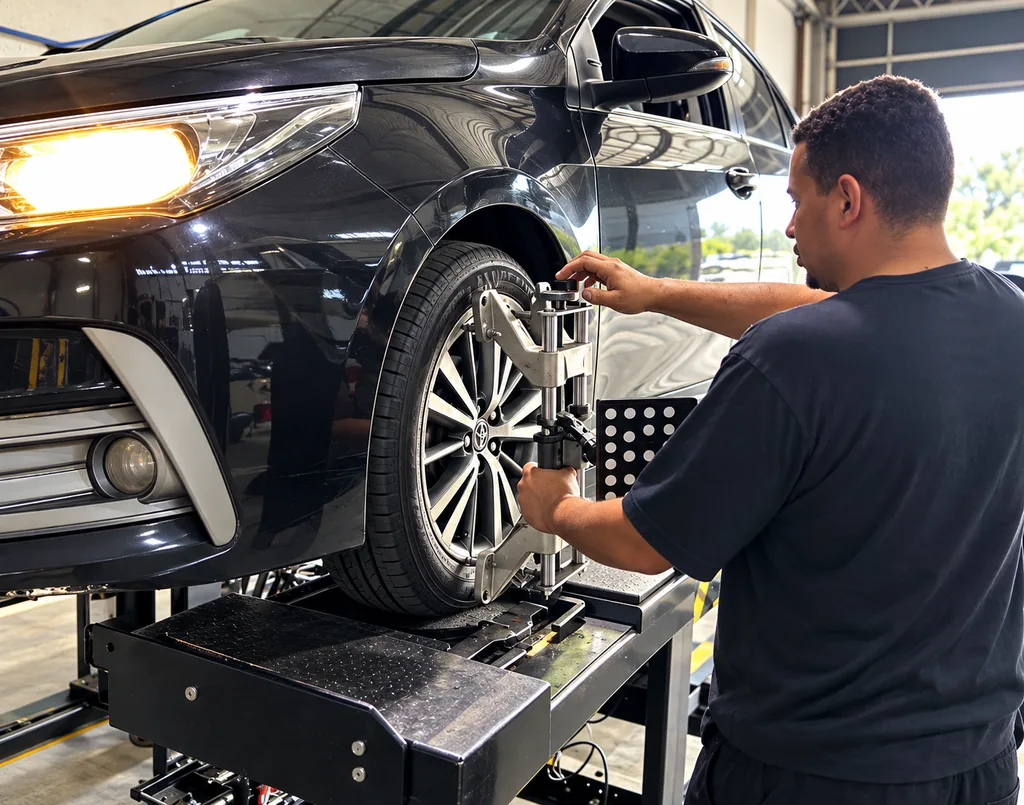Profissional posicionando um alinhador na roda de um veículo sobre o equipamento de alinhamento