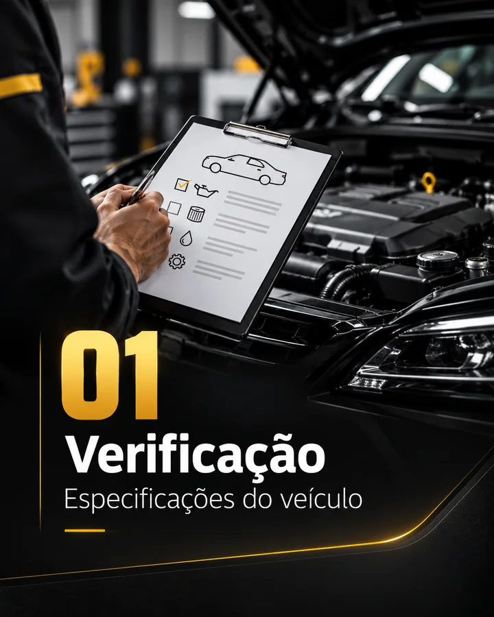 Etapa 01, Verificação: especificações do veículo. Mecânico preenchendo uma lista de verificação diante do motor de um veículo com o capô aberto (imagem ilustrativa)