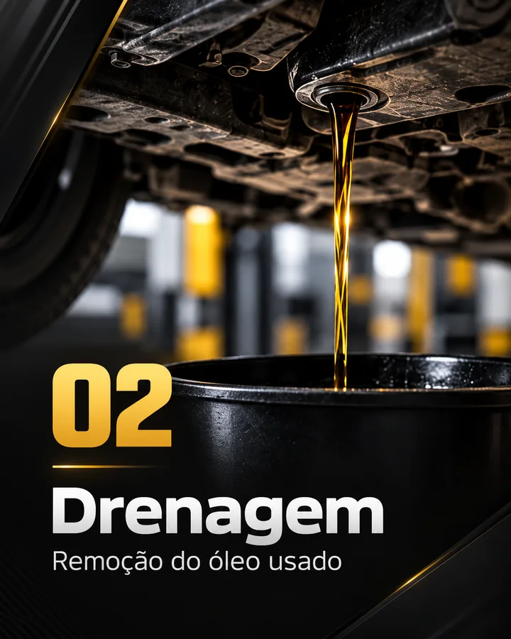 Etapa 02, Drenagem: remoção do óleo usado. Óleo escorrendo do motor de um veículo elevado para a bandeja de coleta (imagem ilustrativa)