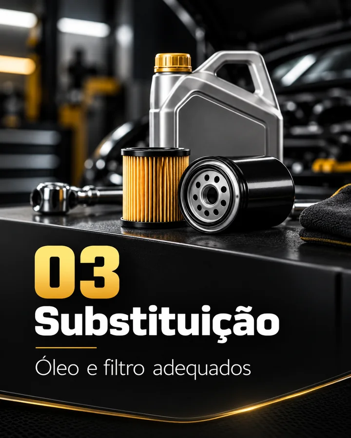 Etapa 03, Substituição: óleo e filtro adequados. Galão de óleo e filtros de óleo sobre a bancada (imagem ilustrativa)