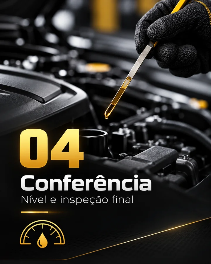 Etapa 04, Conferência: nível e inspeção final. Mão enluvada conferindo o nível do óleo com a vareta (imagem ilustrativa)